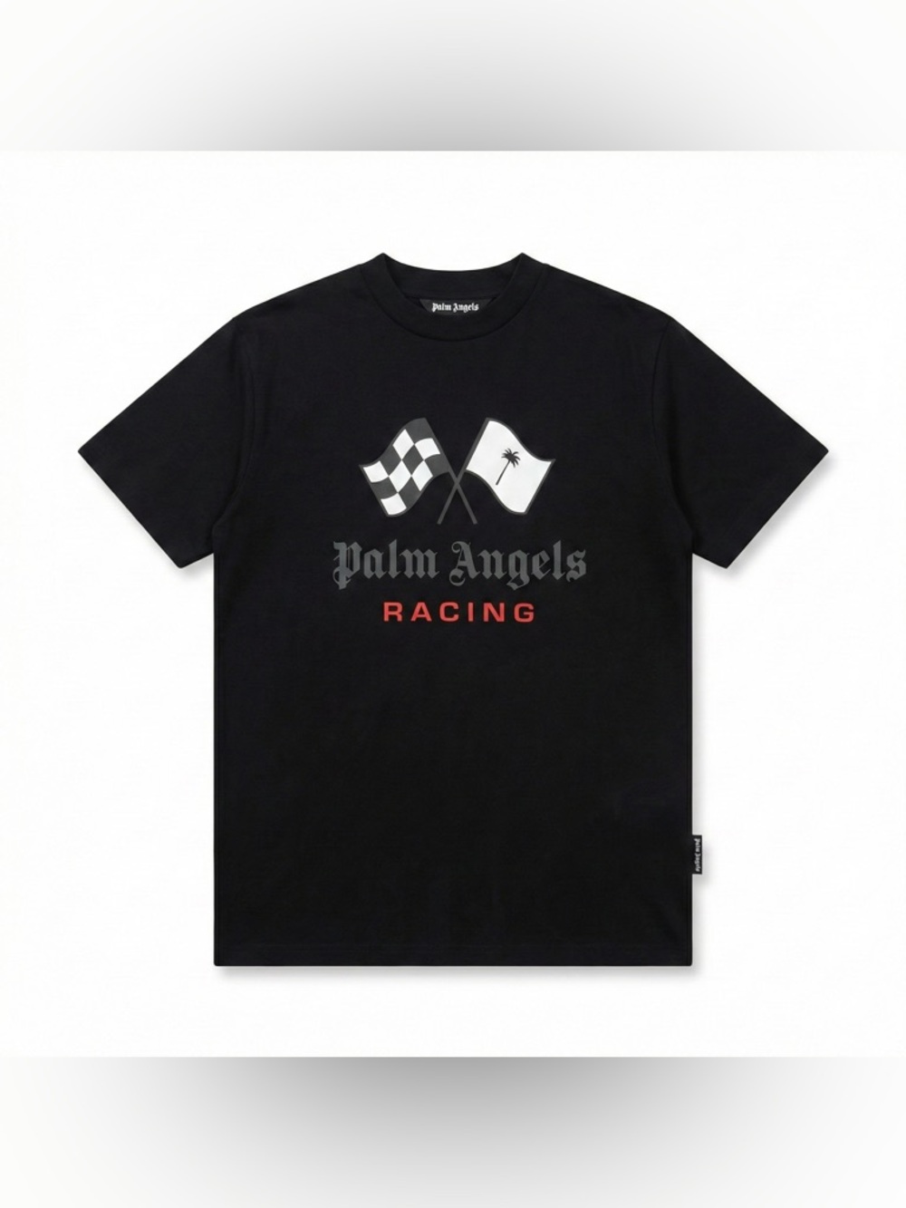 Palm Angels Black Racing Graphic Tee with White and Red Accents